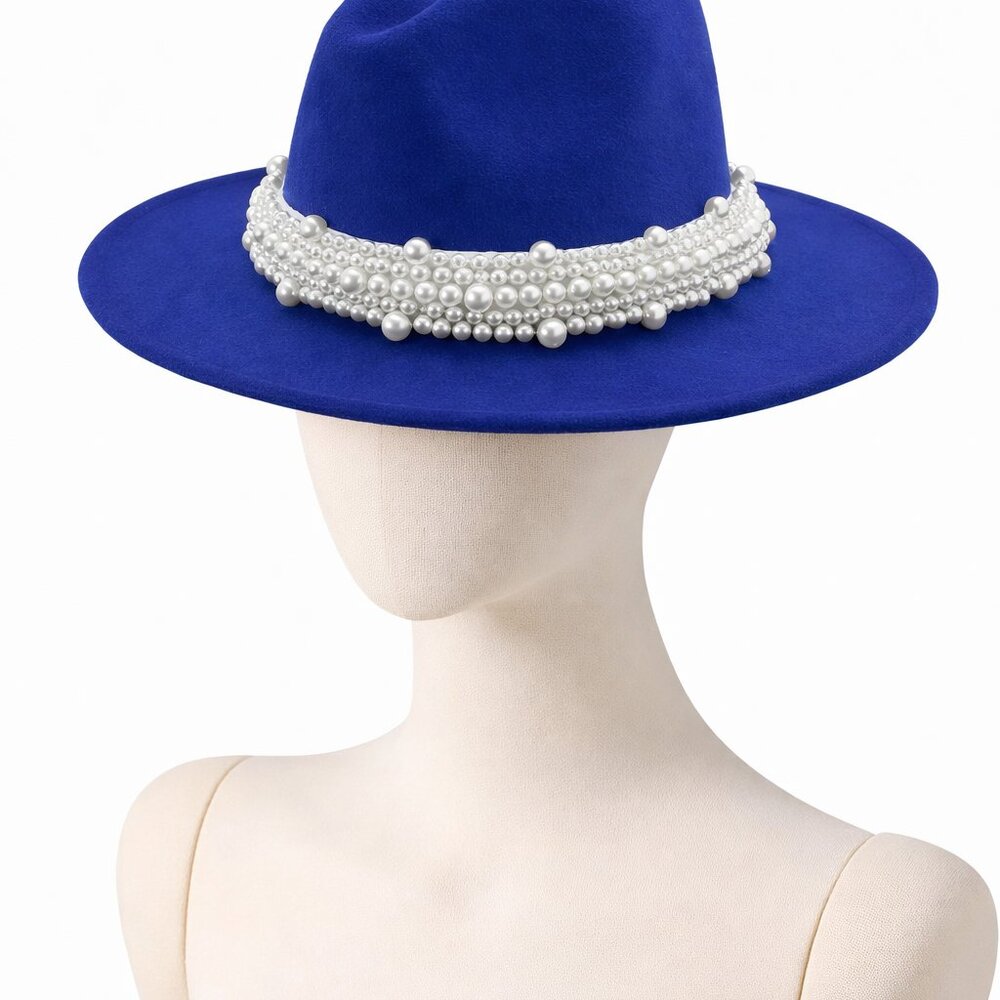 New Style Royal Blue Fashion Fedora Jazz Hat with Wide Pearl Belt - Picture 4 of 7